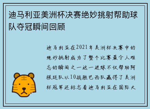 迪马利亚美洲杯决赛绝妙挑射帮助球队夺冠瞬间回顾