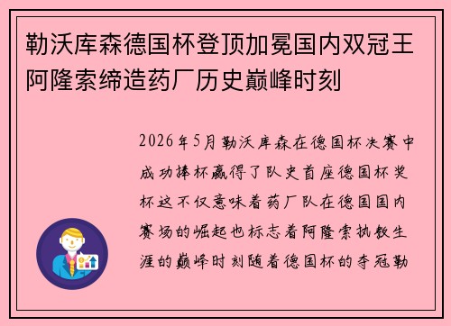 勒沃库森德国杯登顶加冕国内双冠王阿隆索缔造药厂历史巅峰时刻